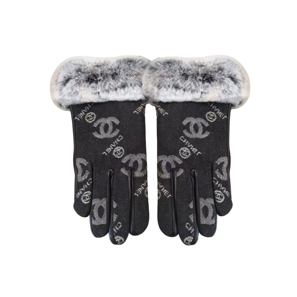 CHANEL CC LOGO RABBIT FUR LEATHER FLEECE GLOVES DENIM BLACK