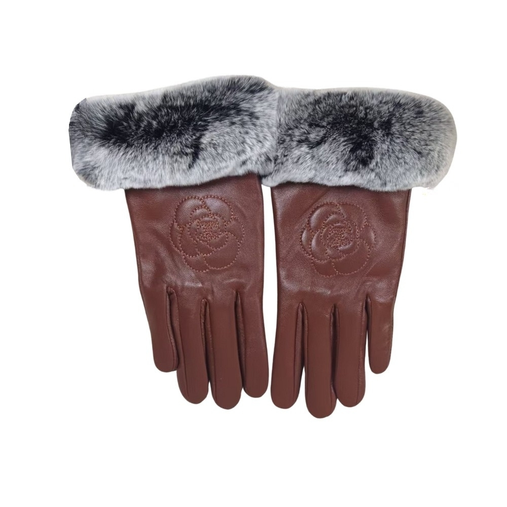 CHANEL LEATHER GLOVES WITH CAMELLIA FLOWER BROWN
