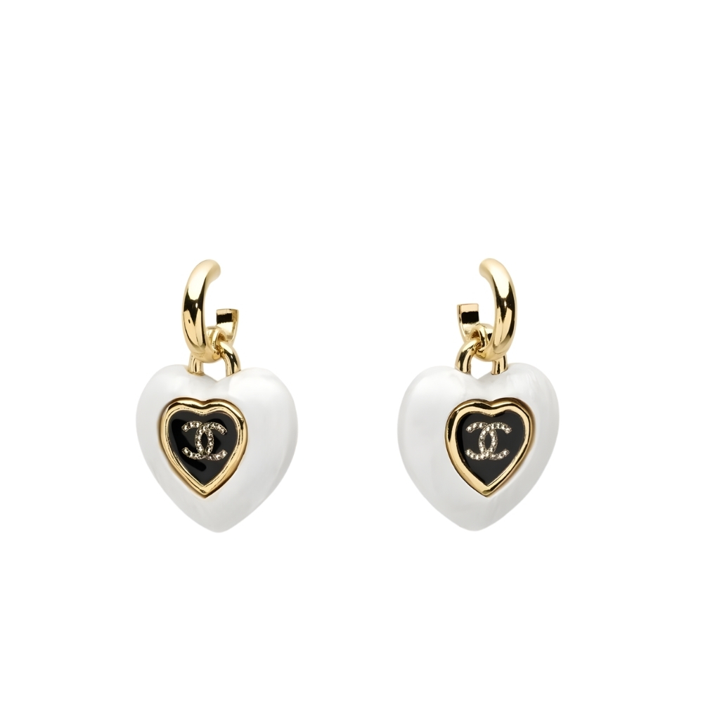 CHANEL HEART LOGO DANGLE EARRINGS IN WHITE WITH GOLD