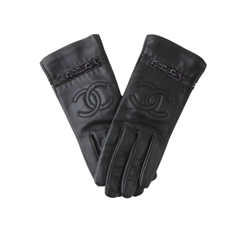 CHANEL COCO MARK LEATHER AND METAL GLOVES BLACK GOLDEN
