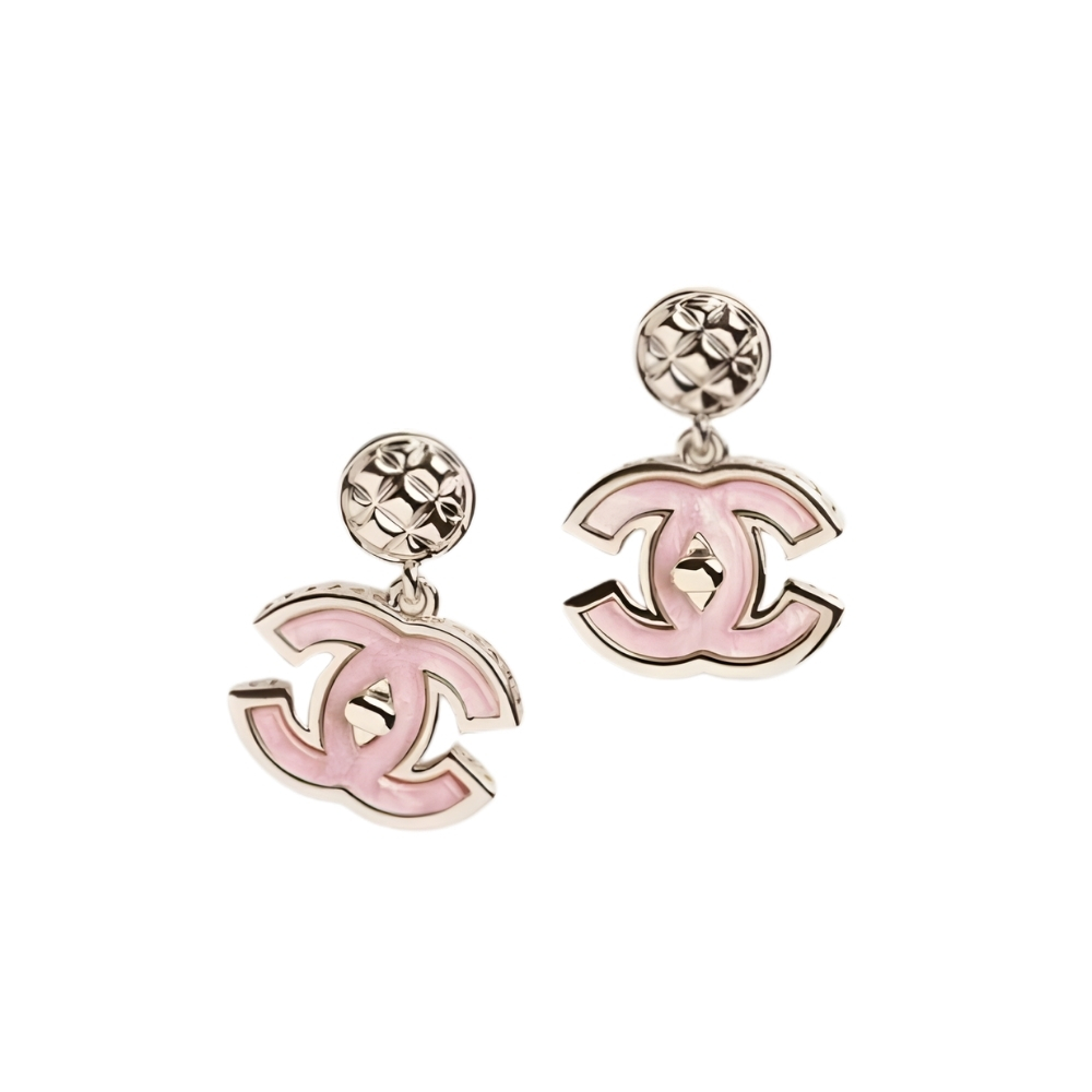 CHANEL LARGE ENAMEL CC DANGLE EARRINGS LIGHT PINK