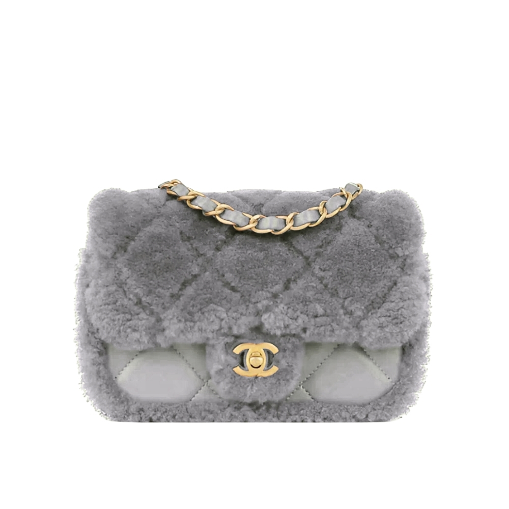 CHANEL FLAP BAG TEDDY SHEARLING AND GOLD TONE METAL GREY 25CM