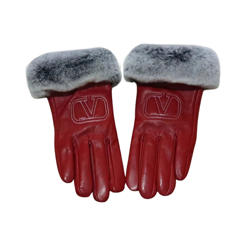 VALENTINO RABBIT FUR RED LEATHER GLOVES