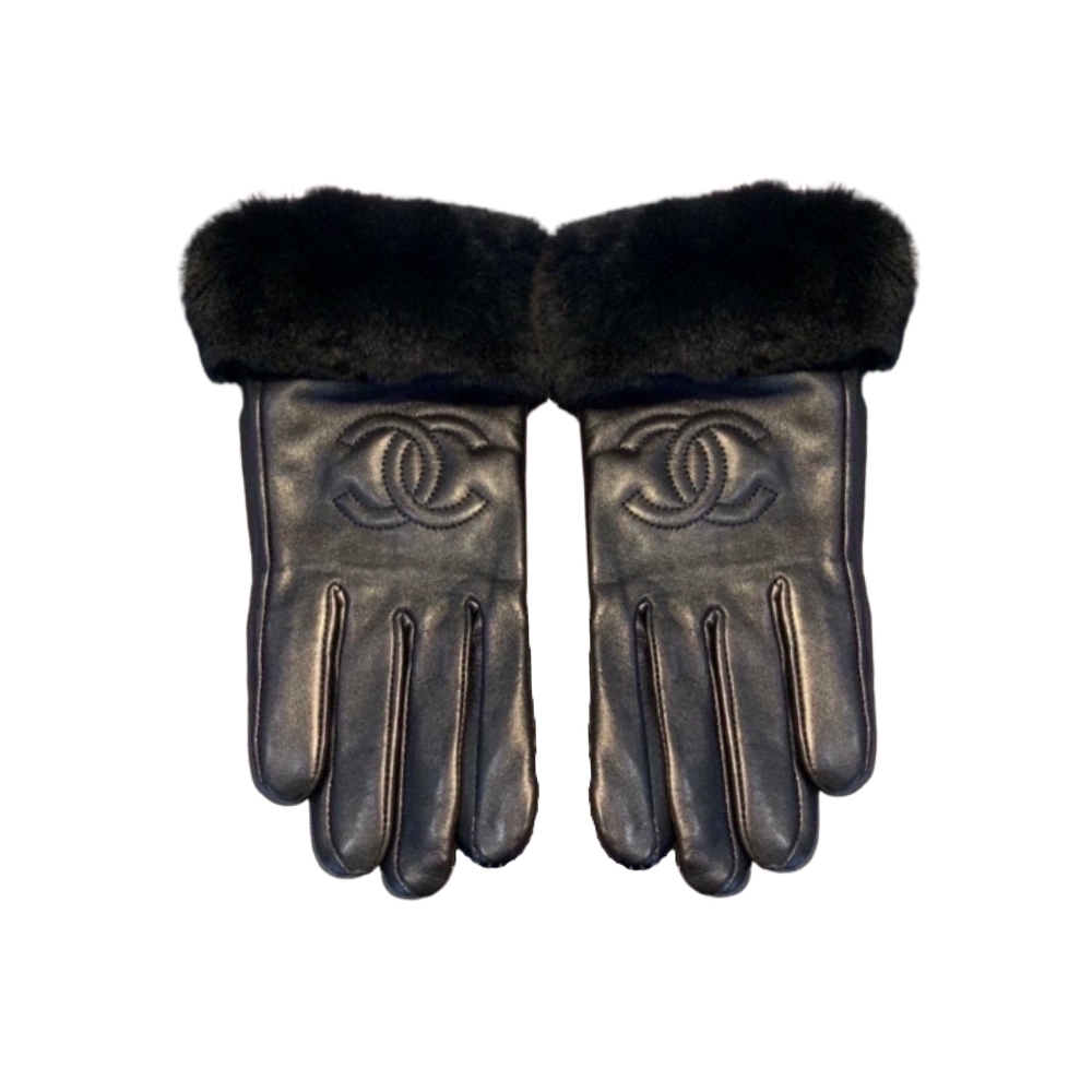 CHANEL CC LEATHER RABBIT FUR GLOVES ALL BLACK