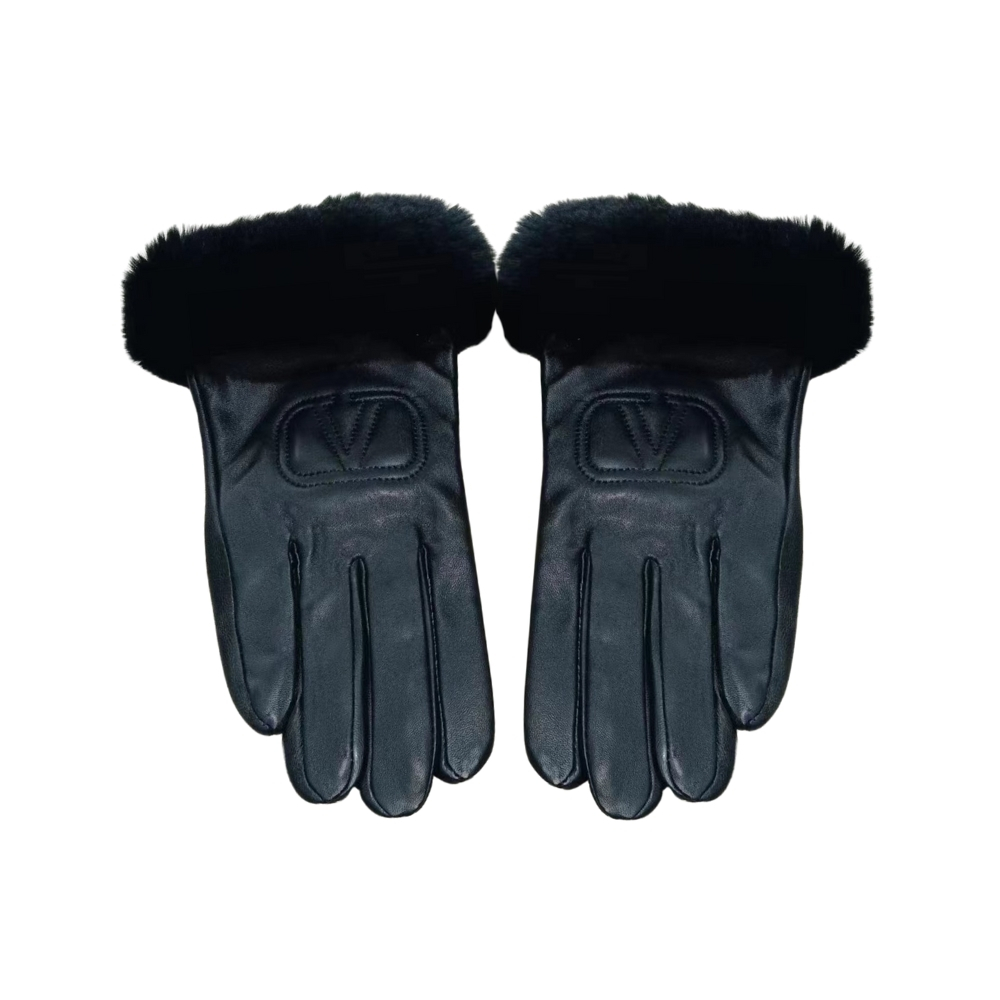 VALENTINO RABBIT FUR BLACK LEATHER GLOVES