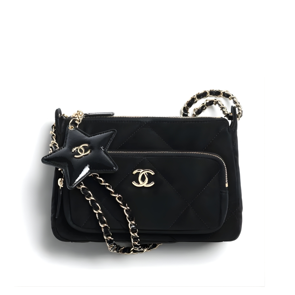CHANEL CLUTCH WITH CHAIN VELVET EFFECT NYLON AND GOLD TONE METAL BLACK 21CM AP4771 B21406 94305