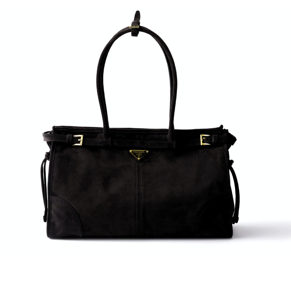 PRADA BONNIE LARGE SUEDE HANDBAG BLACK 38CM 1BA433 2C4S F0308 V MOO