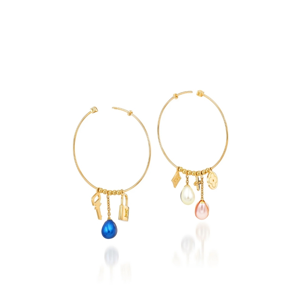 LOUIS VUITTON PEARL GOLD CHARM HOOP EARRINGS
