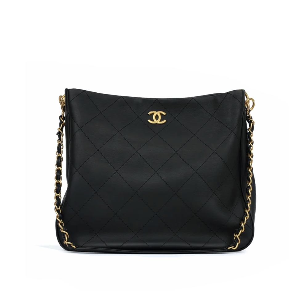 CHANEL QUILTED HOBO SHOULDER BAG BLACK BRUSHED GOLD HARDWARE 33CM