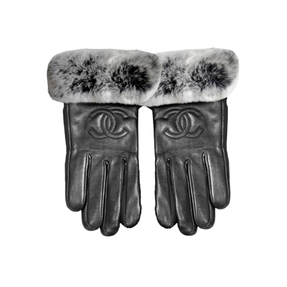 CHANEL CC LEATHER RABBIT FUR GLOVES BLACK AND GRAY