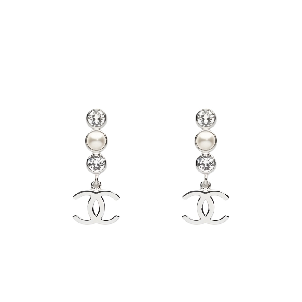 CHANEL CRYSTAL CC PEARL DROP EARRINGS SILVER ABG202 B21707 U2865
