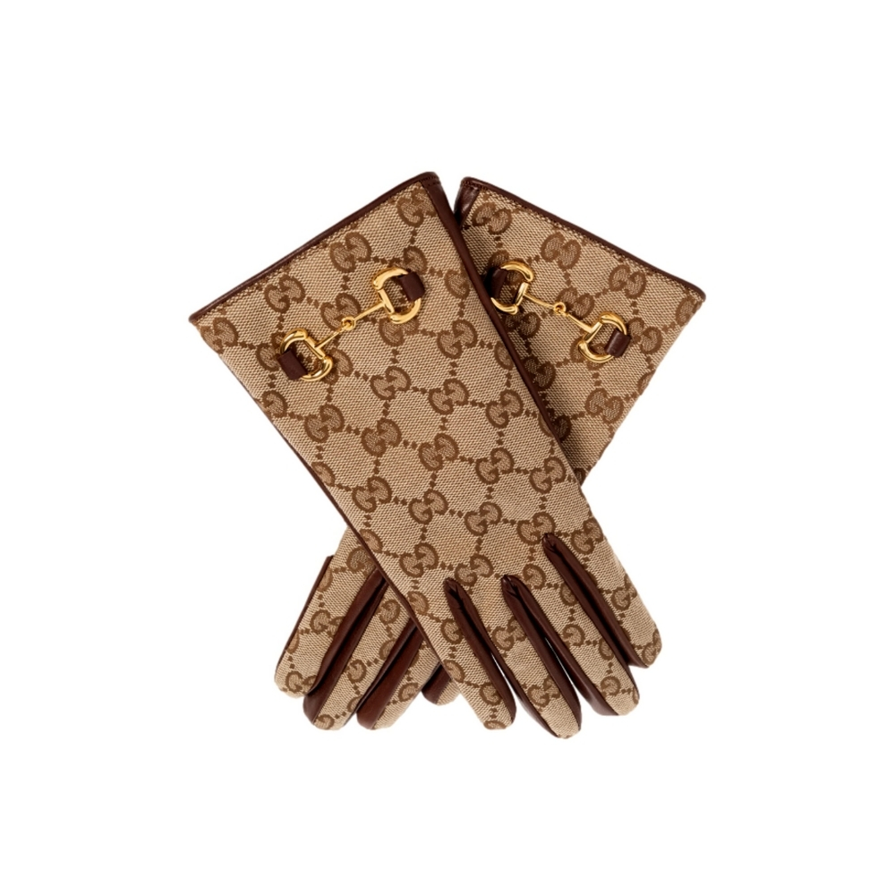 GUCCI HORSEBIT NAPPA LEATHER GLOVES MONOGRAM BEIGE BROWN