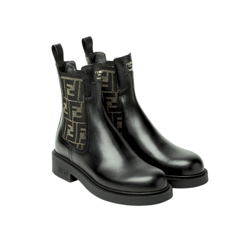 FENDI FILO BOOTS BLACK LEATHER AND FF FABRIC BIKER BOOTS 8T8576A379F1TOG