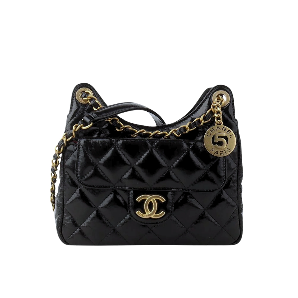 CHANEL SMALL QUILTED SHINY WAVY CC HOBO BAG BLACK 20CM AS3710 B09746 94305
