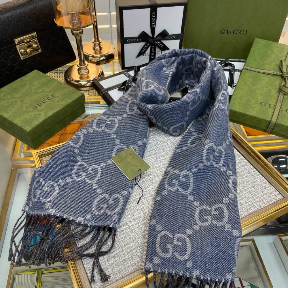 Alternative view of GUCCI GG JACQUARD KNIT SCARF TASSELS NAVY AND BROWN 6766103G2004165