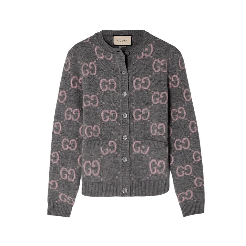 GUCCI GG MONOGRAM KNIT CARDIGAN IN GREY WITH PINK 772886 XKB3V 1124