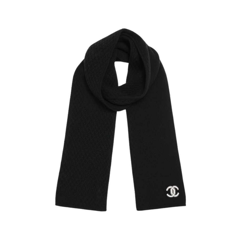 CHANEL CC LOGO PATCH CASHMERE SCARF BLACK