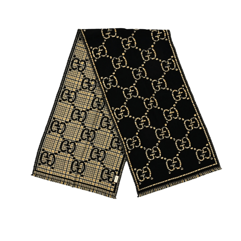 GUCCI CHECK GG WOOL JACQUARD SCARF BLACK 660025 4G386 1079