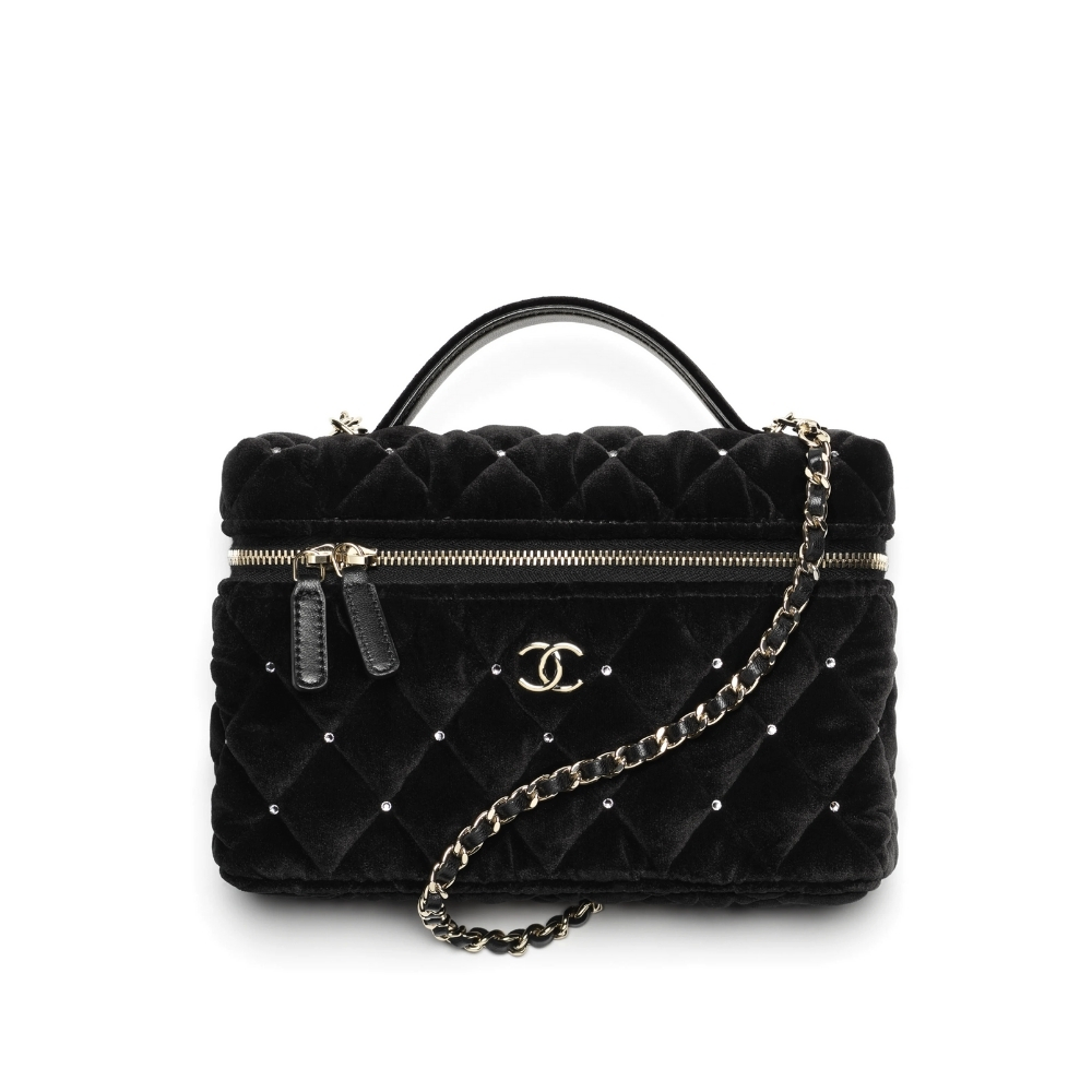 CHANEL VANITY WITH CHAIN VELVET DIAMANTE AND GOLD TONE METAL BLACK 19CM AP4860 B17652 94305