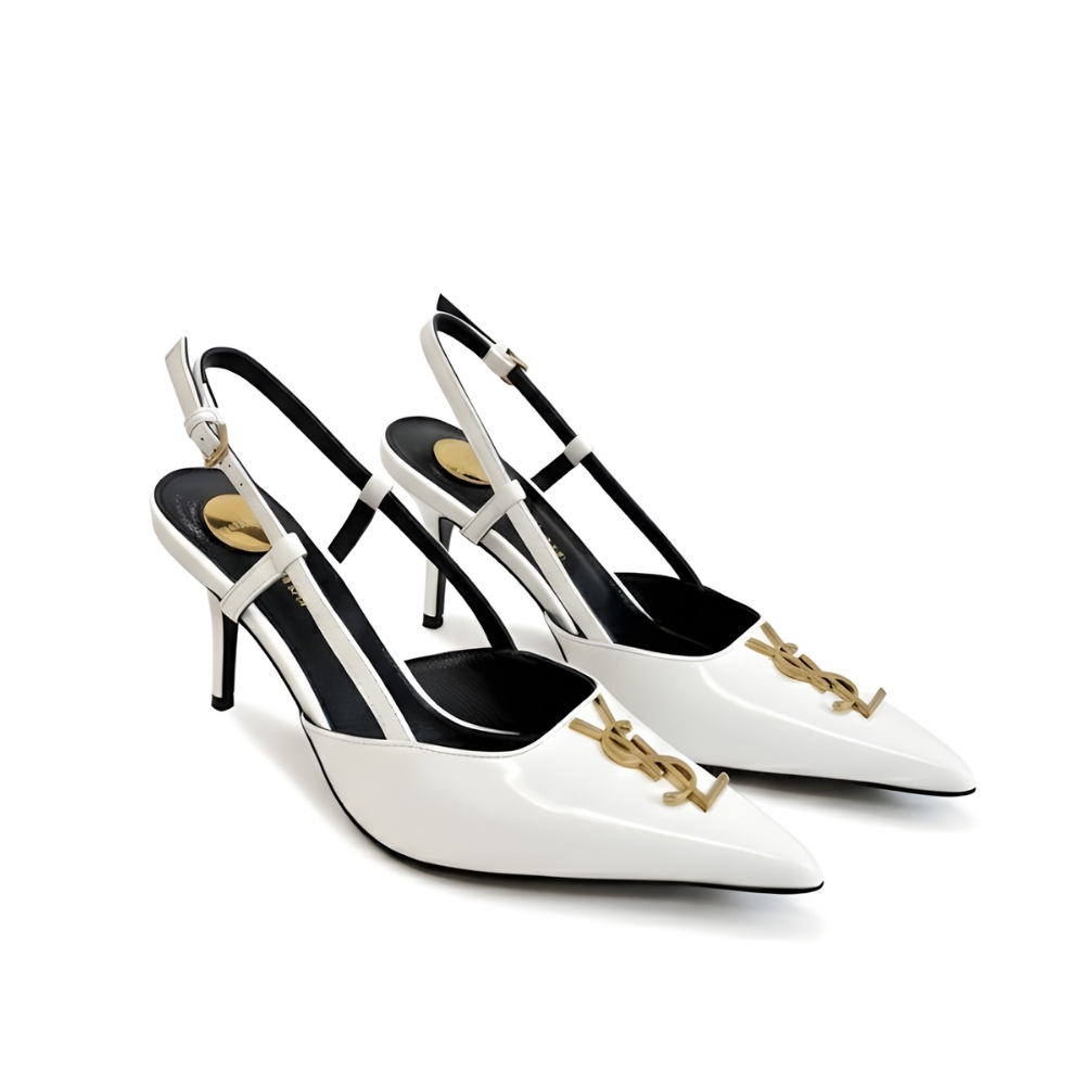 SAINT LAURENT POINTED TOE SLINGBACK PUMPS WITH GOLD TONE METAL WHITE