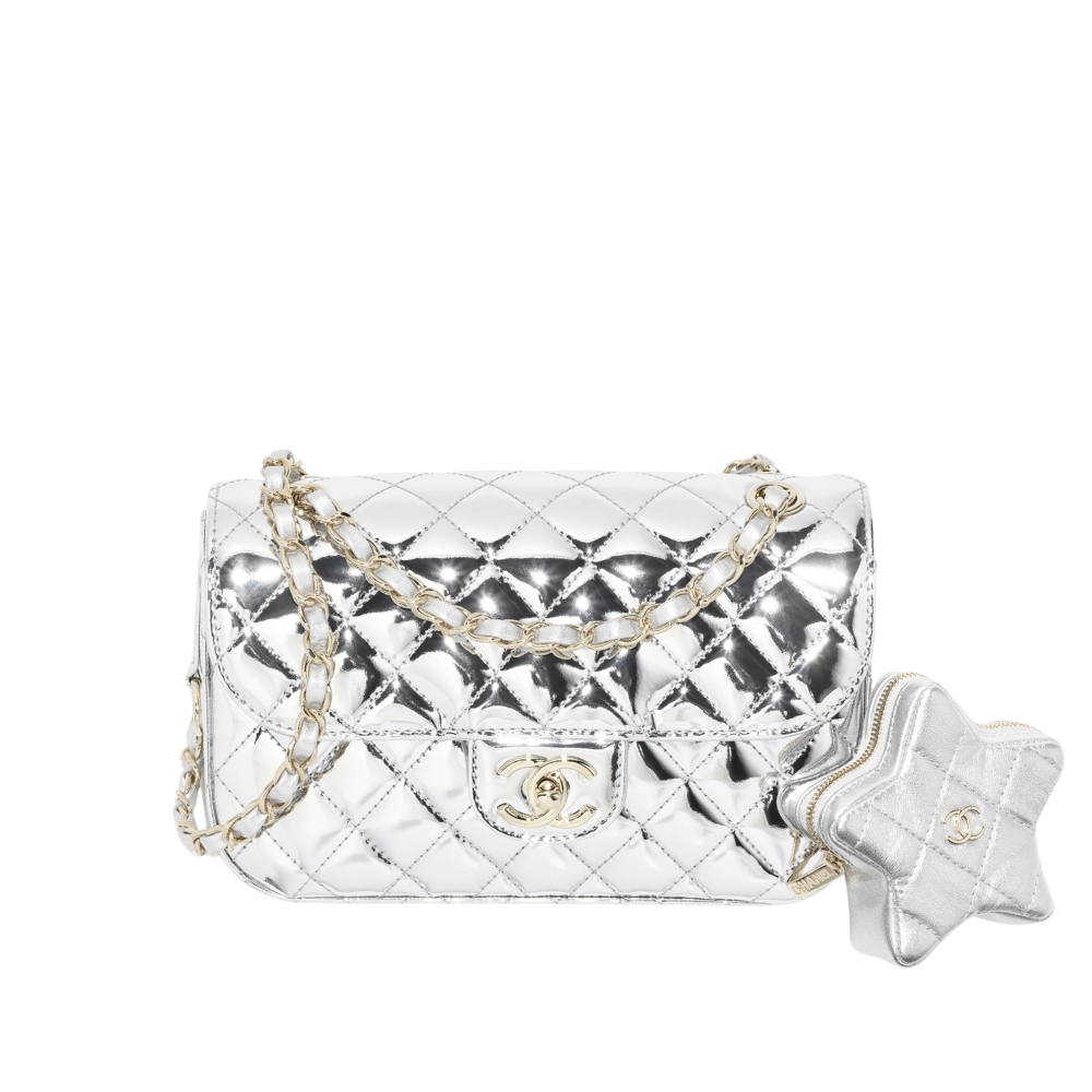 CHANEL FLAP BAG AND STAR COIN PURSE IN MIRROR SILVER 19CM AS4648 B14873 NT666