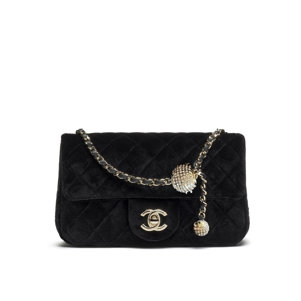 CHANEL MINI FLAP BAG VELVET DIAMANTE AND GOLD TONE METAL BLACK 20CM AS1787 B20826 94305
