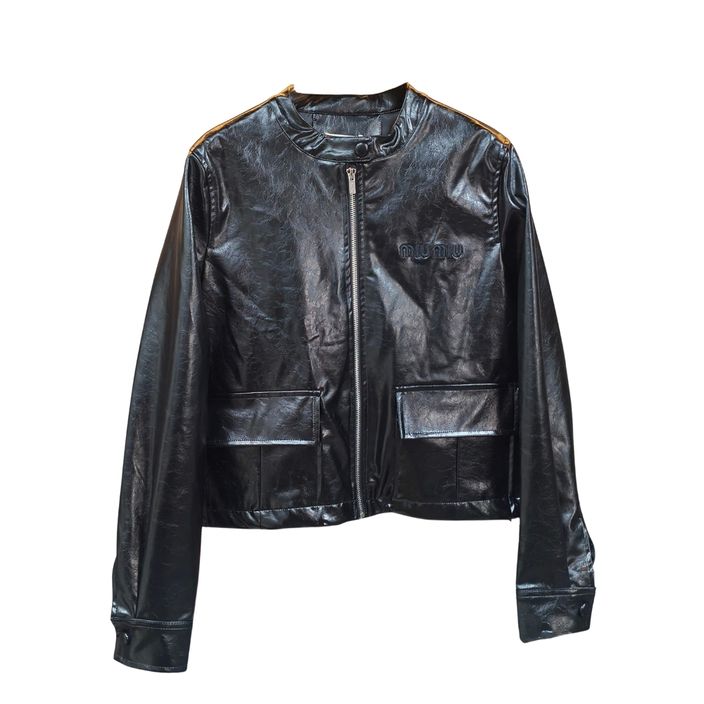MIUMIU CROP TOP JACKET BLACK LEATHER