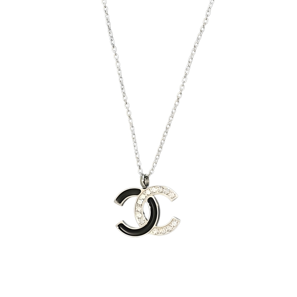 CHANEL CC LOGO PENDANT NECKLACE WHITE STONES AND BLACK ENAMEL SILVER