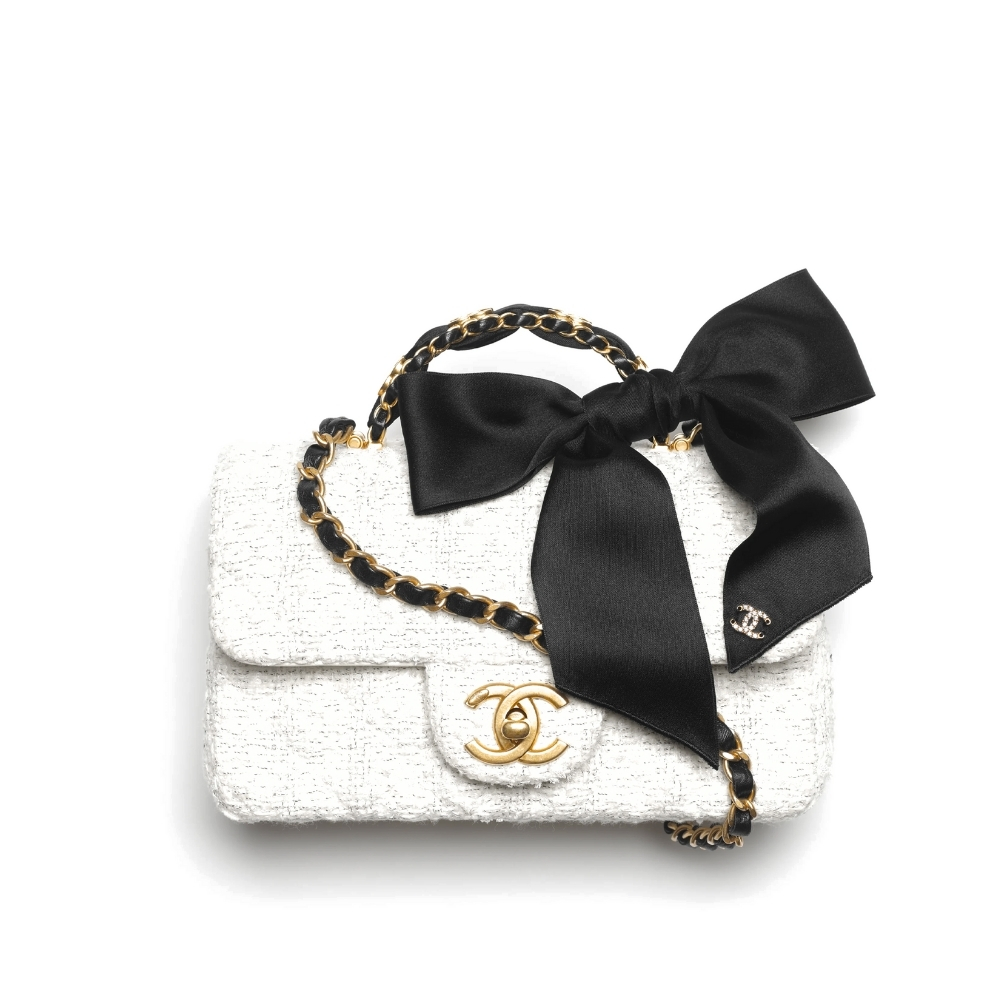 CHANEL MINI FLAP BAG WITH TOP HANDLE VELVET SILK AND GOLD TONE METAL WHITE 20CM AS5875 B22482 MB103