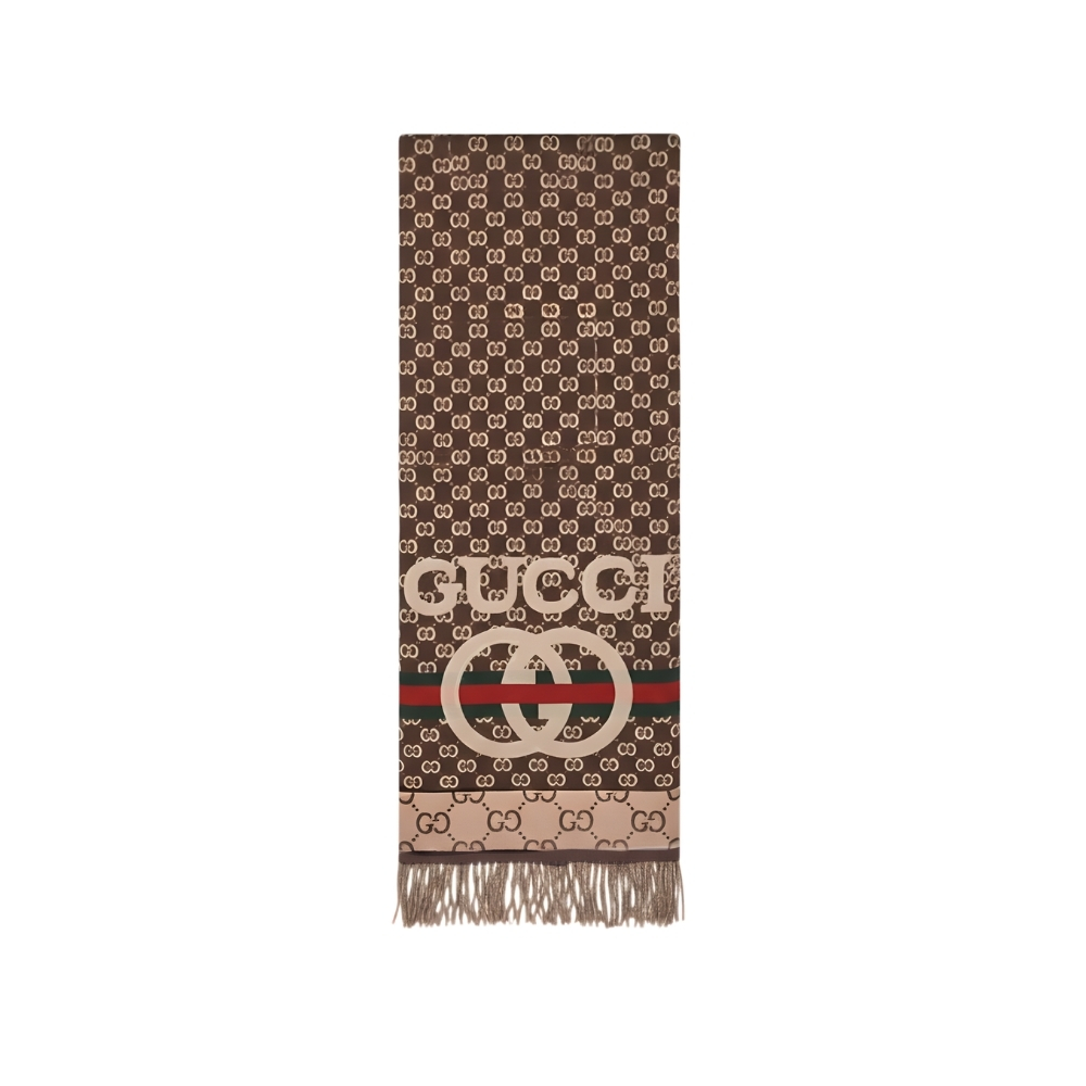 GUCCI GG JACQUARD KNITTED SCARF BROWN 180CM