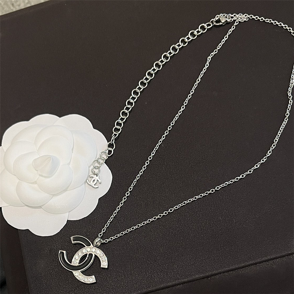 Alternative view of CHANEL CC LOGO PENDANT NECKLACE WHITE STONES AND BLACK ENAMEL SILVER