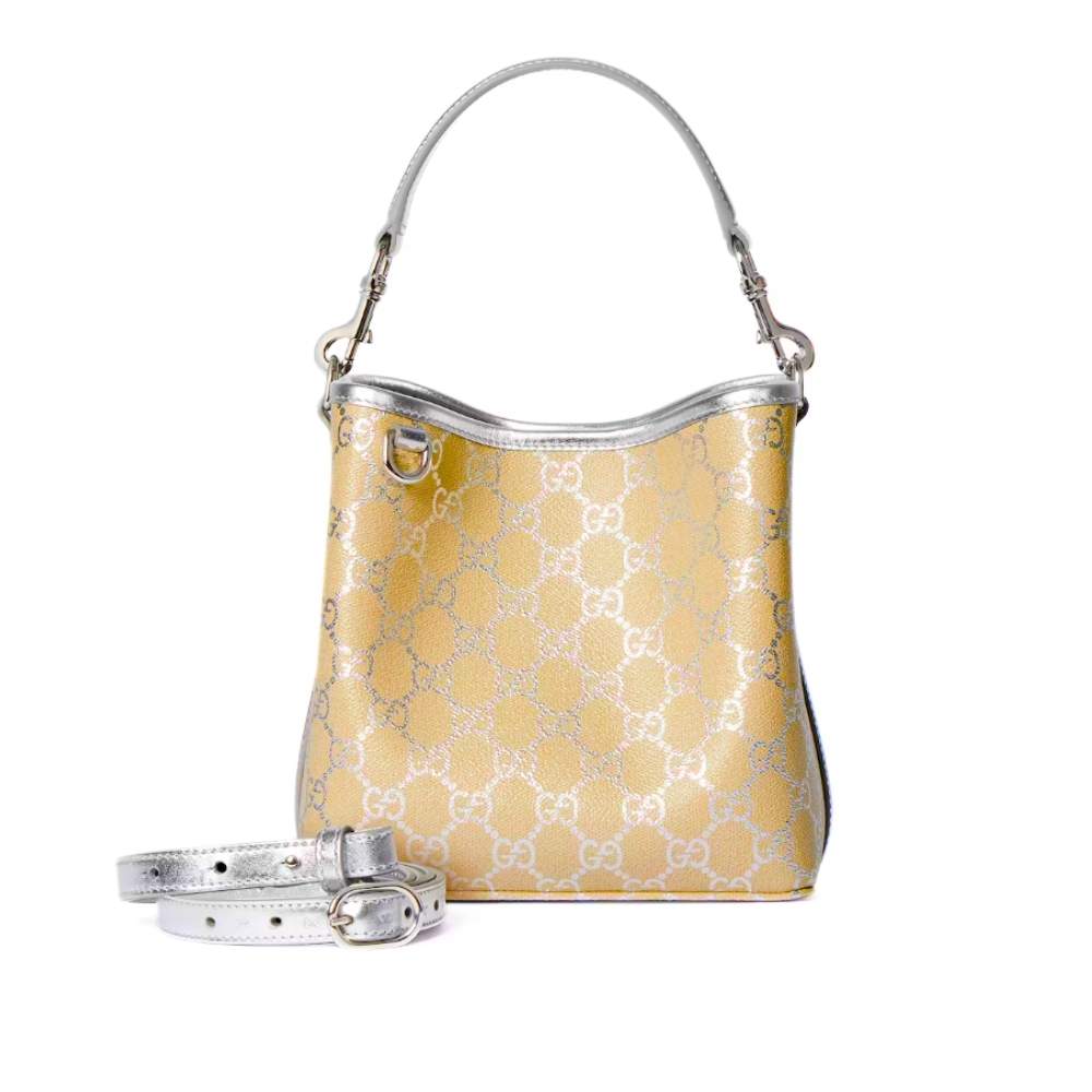 GUCCI GG EMBLEM SMALL BUCKET BAG SILVER GG FABRIC 20CM 815118 FAFEL 8741