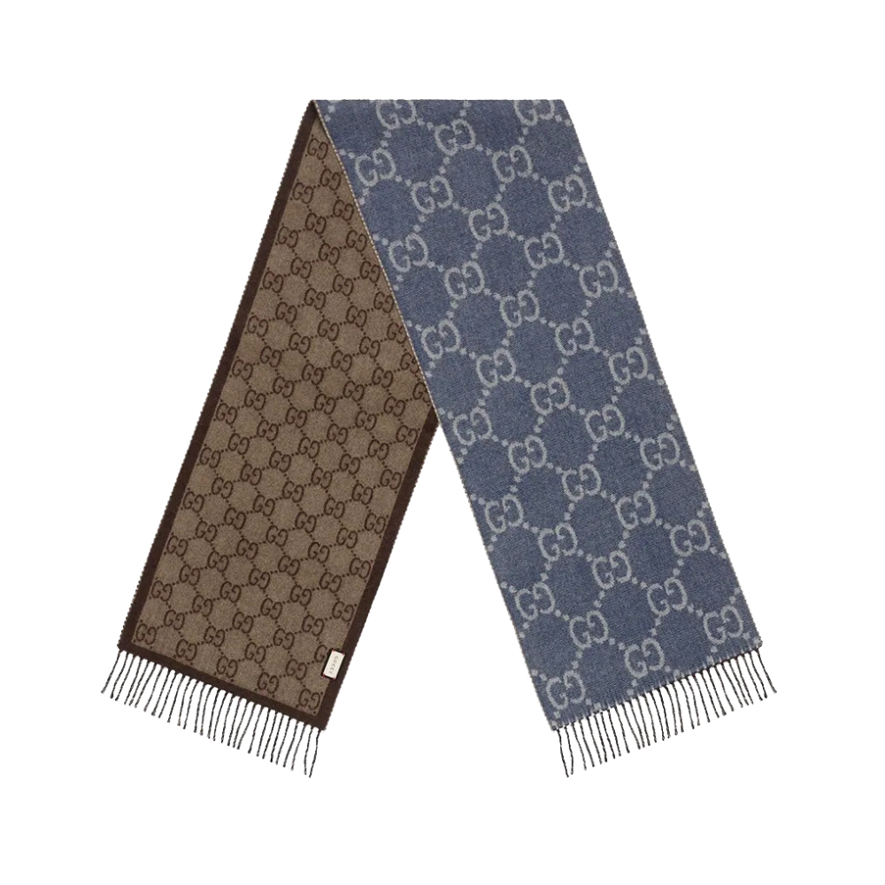 GUCCI GG JACQUARD KNIT SCARF TASSELS NAVY AND BROWN 6766103G2004165