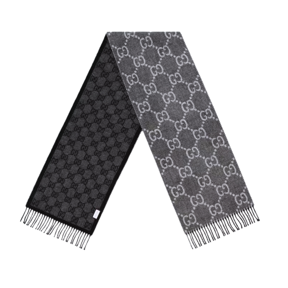GUCCI GG JACQUARD KNIT SCARF TASSELS GRAY AND BLACK