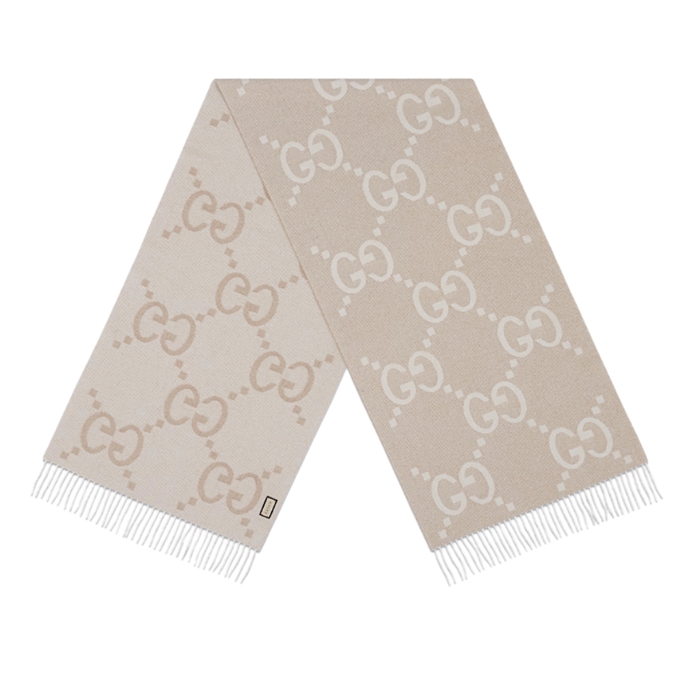 GUCCI GG CASHMERE LAMÉ JACQUARD SCARF CAMEL AND WHITE 764635 3GAMK 9877