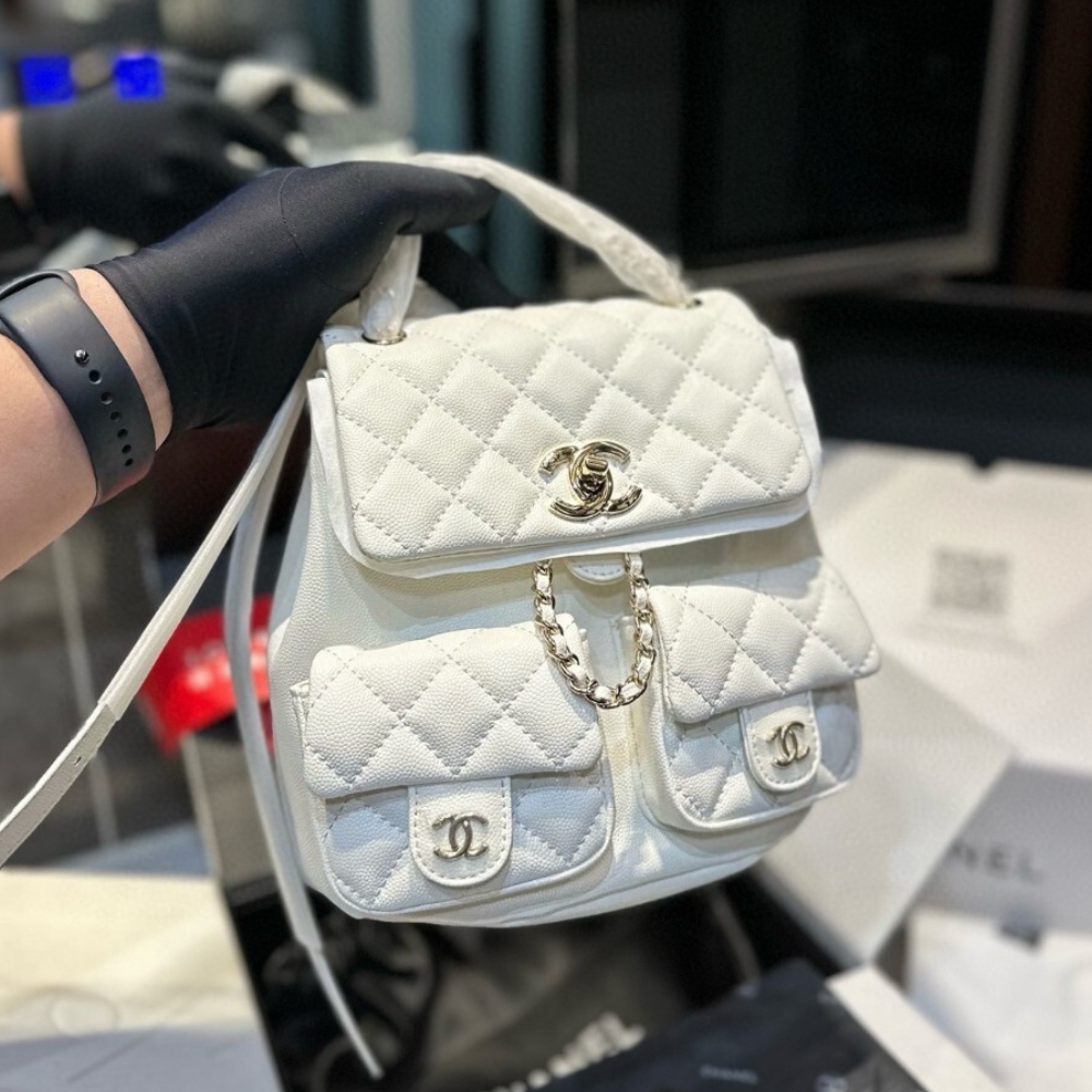 Alternative view of Chanel Shiny Caviar Quilted Small Duma Pockets Drawstring Backpack White 21cm