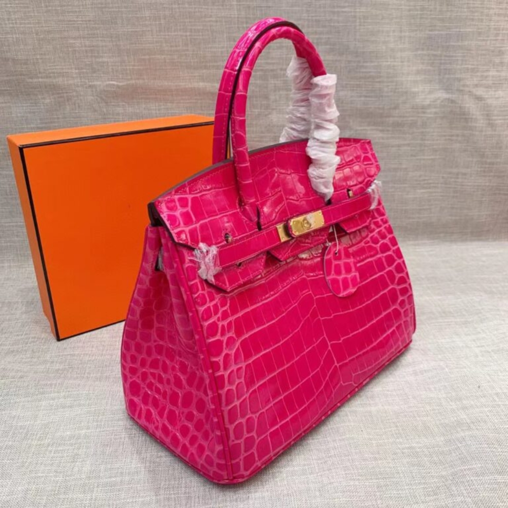 Alternative view of Gift Set: Hermes Birkin 25 Crocodile Gold-Toned Hardware Dark Pink With Dogon Duo Long Wallet Dark Pink 20Cm