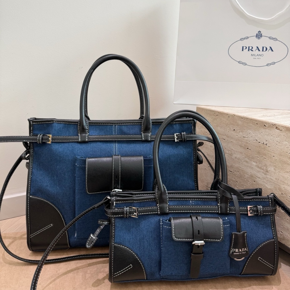 Prada Bonnie Large Denim Handbag Blue Black 38cm - Image 7