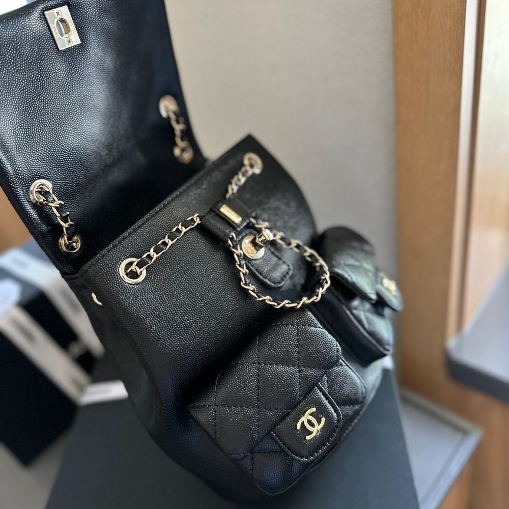 Chanel Mini Backpack Quilted Caviar Leather Black Gold Hardware 21Cm - Image 4