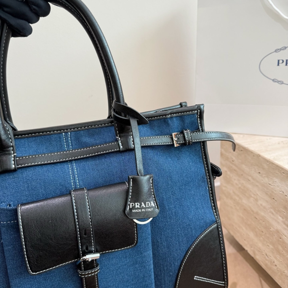 Prada Bonnie Large Denim Handbag Blue Black 38cm - Image 4