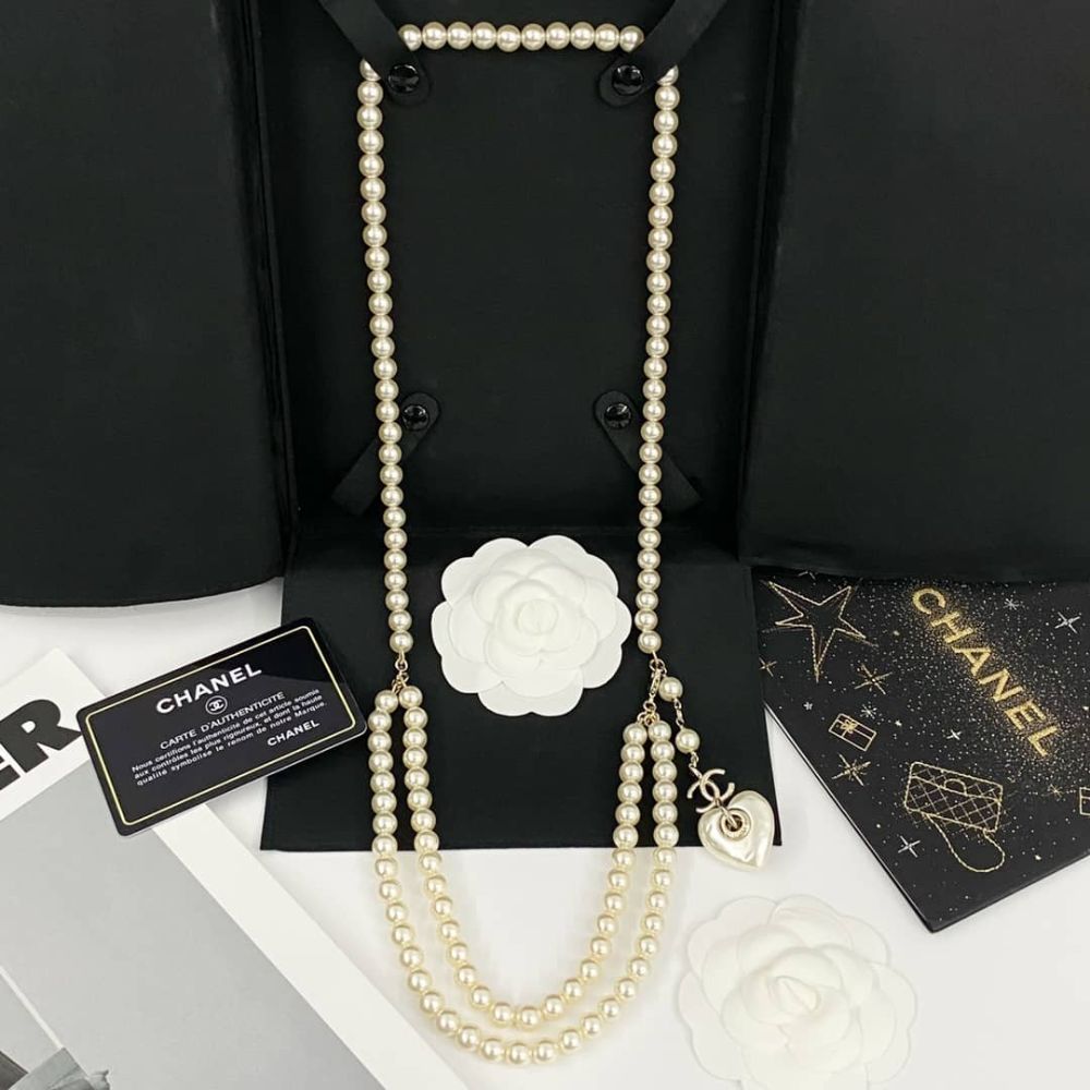 Alternative view of Chanel Double Strand Pearl Necklace with Heart Shaped Charm