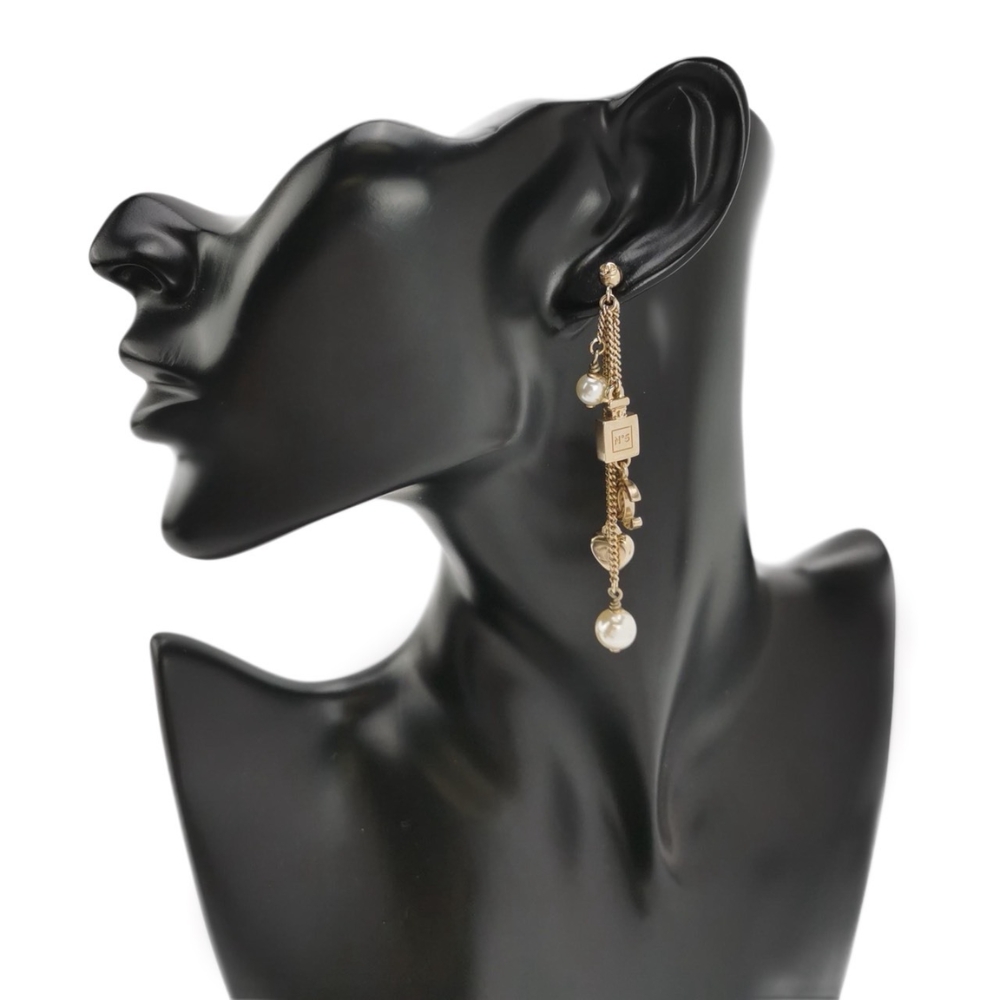 Chanel CC Logo Perfume Bottle Heart Pearl Earrings Metal Faux Pearl Gold - Image 6