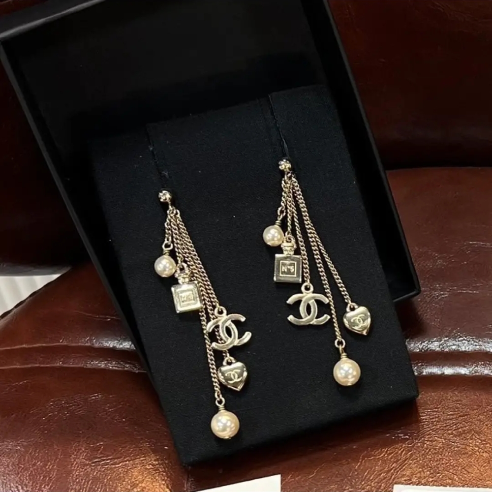 Alternative view of Chanel CC Logo Perfume Bottle Heart Pearl Earrings Metal Faux Pearl Gold