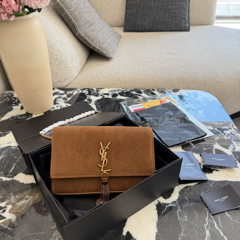 Alternative view of Saint Laurent Kate Medium Tassel Crossbody Bag In Brown Suede Leather With Gold Tone 22Cm