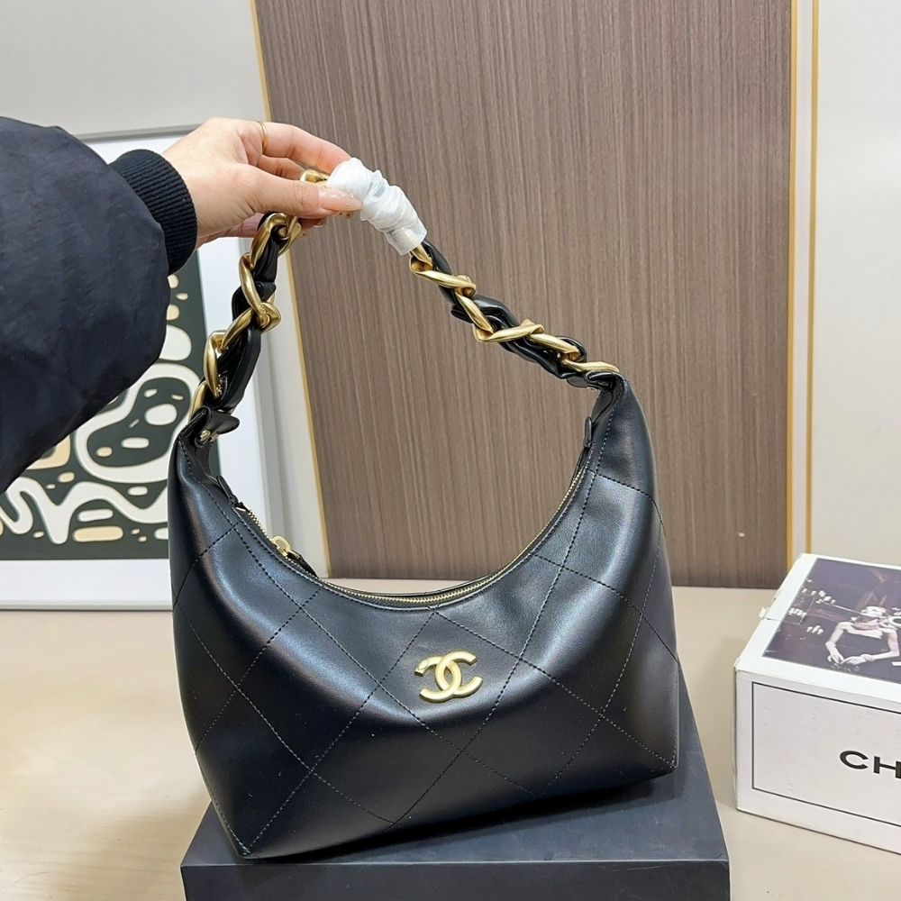 Alternative view of Chanel Hobo Handbag Shiny And Gold Tone Metal Black 24Cm