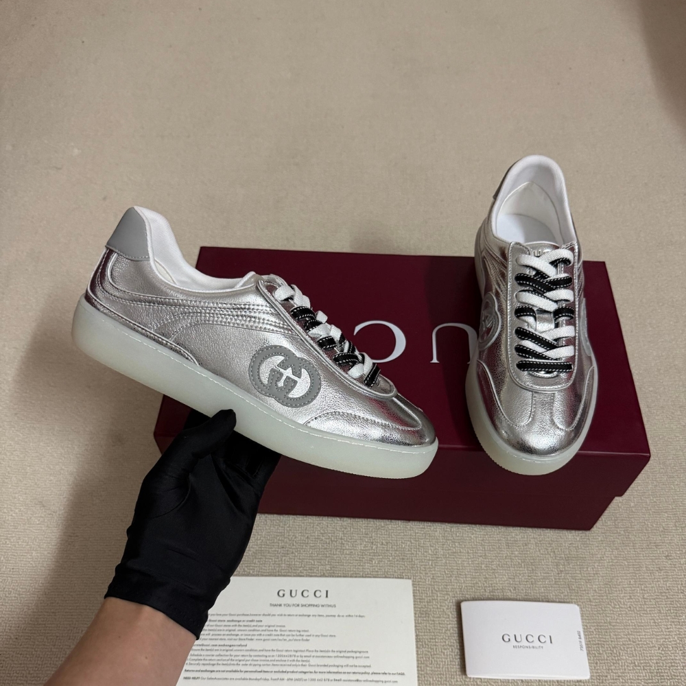 Alternative view of Gucci Women G75 Sneaker Silver Textured Leather ‎857910 AAFL8 8151