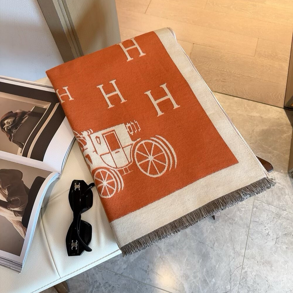 Alternative view of Hermes Equipage Equestrian Horse H Scarf Orange And Beige 180Cm