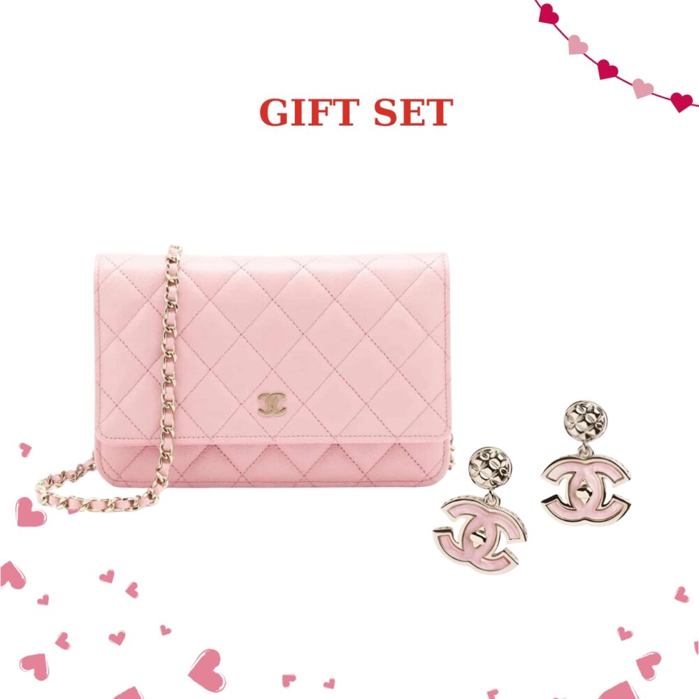 Gift Set: Chanel Classic Wallet On Chain Gold Light Pink 19Cm With Large Enamel Cc Dangle Earrings Light Pink