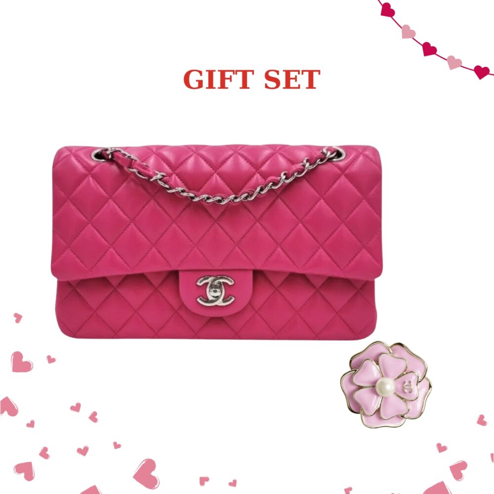 Gift Set: Chanel Classic Medium Flap Bag With Silver Hardware Dark Pink 25cm And Brooch Metal And Resin Gold With Pink Pearly White