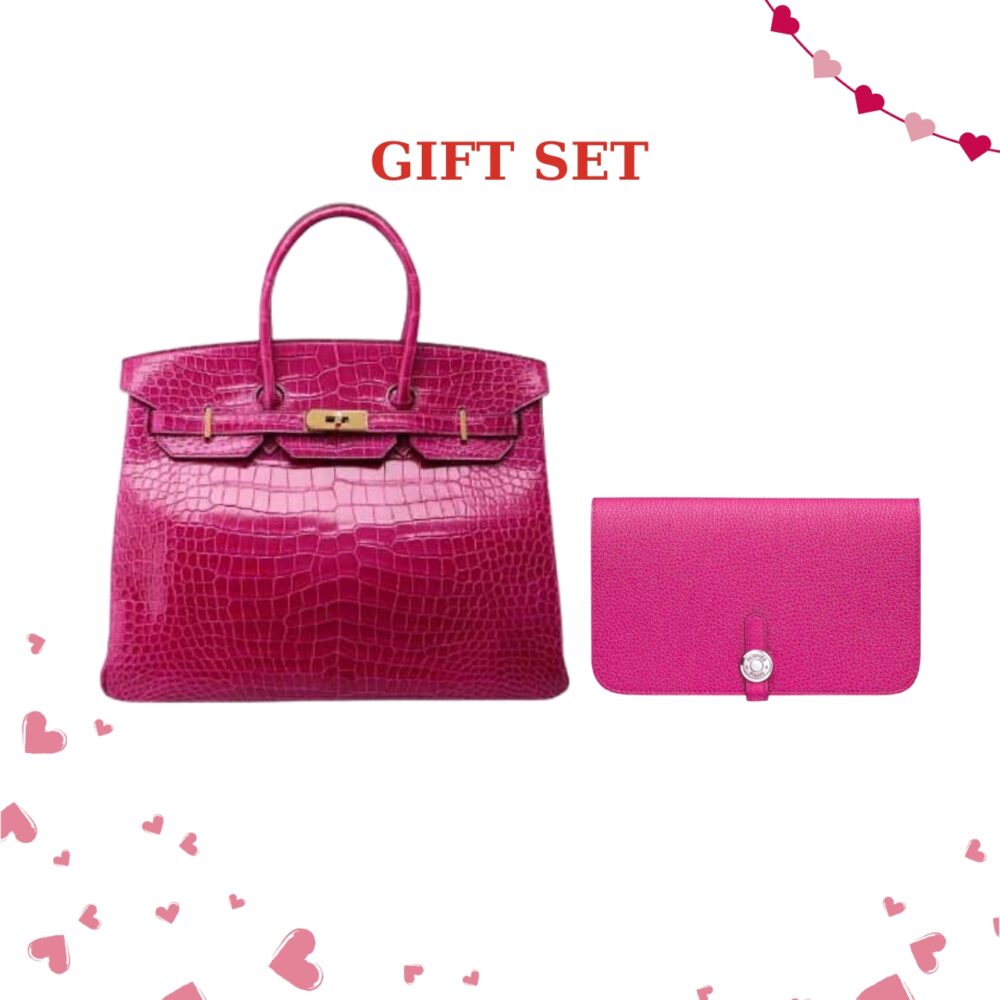 Gift Set: Hermes Birkin 25 Crocodile Gold-Toned Hardware Dark Pink With Dogon Duo Long Wallet Dark Pink 20Cm
